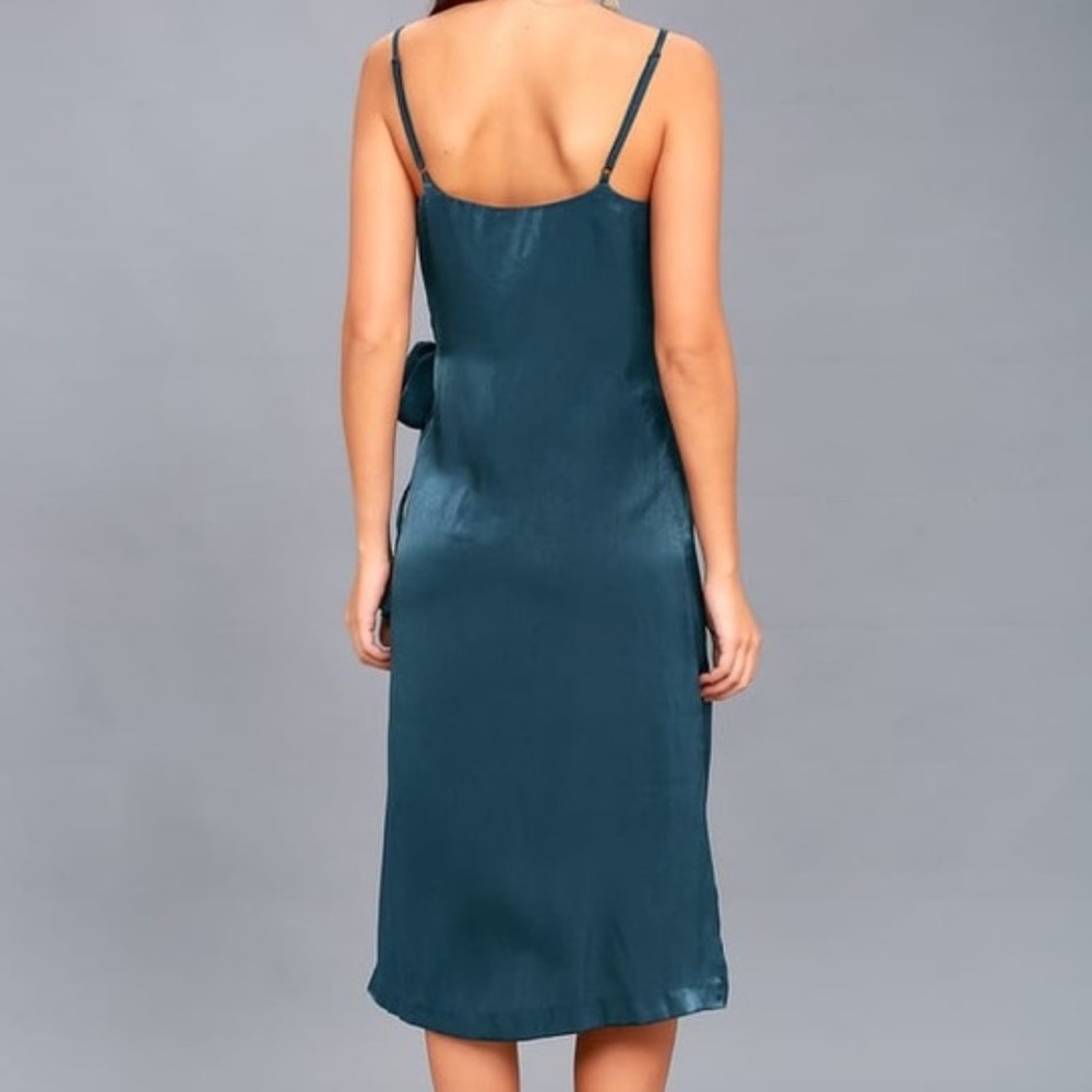 JOA | FALL IN LOVE TEAL BLUE SATIN MIDI WRAP DRESS - Picture 3 of 10